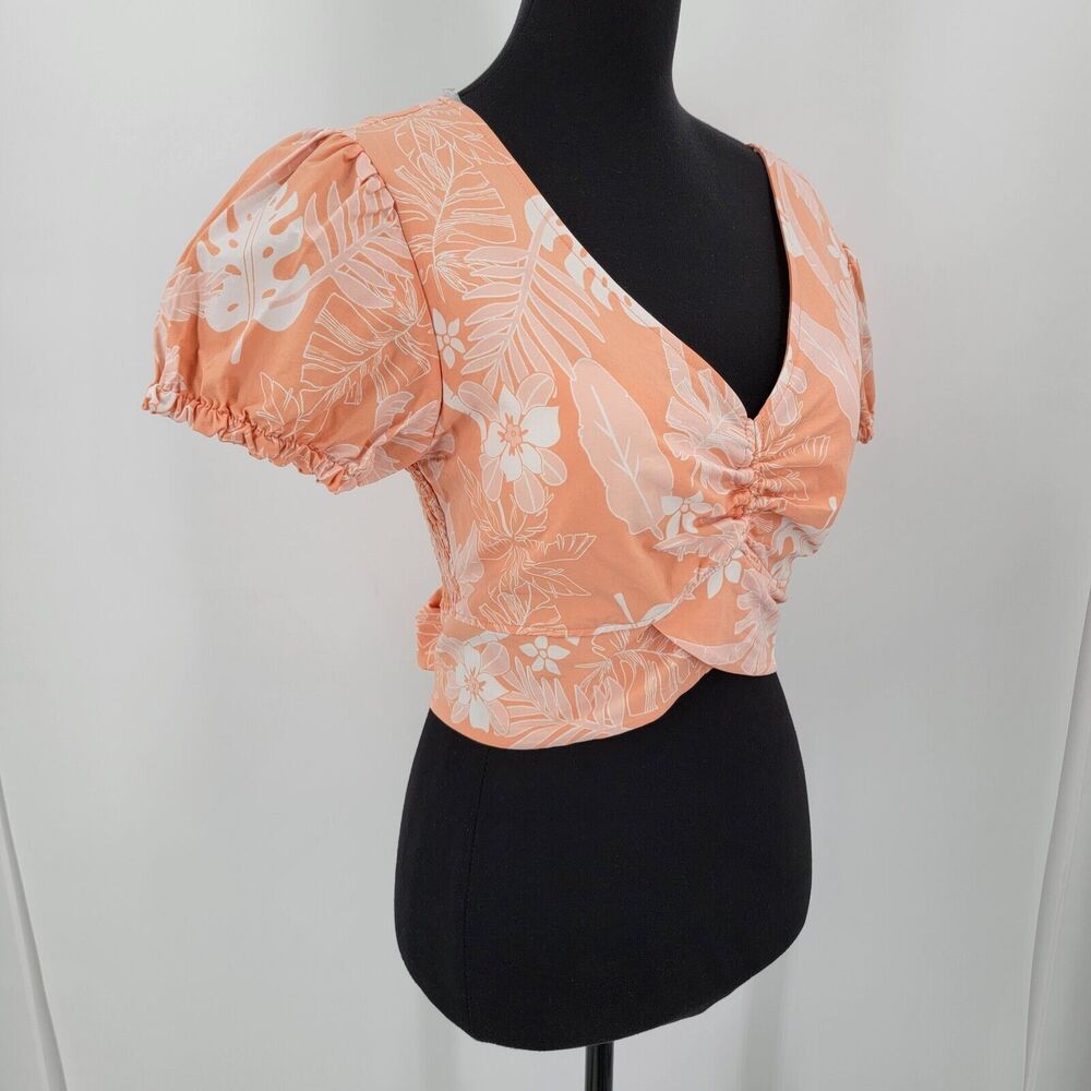 Madden NYC Top Juniors Large Crop Puff Sleeves Tie Back Floral Padded NEW - Picture 4 of 10